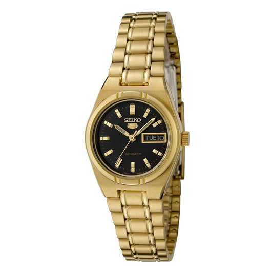 Seiko 5 Classic Ladies Size Black Dial Gold Plated Stainless Steel Str –  Diligence1International