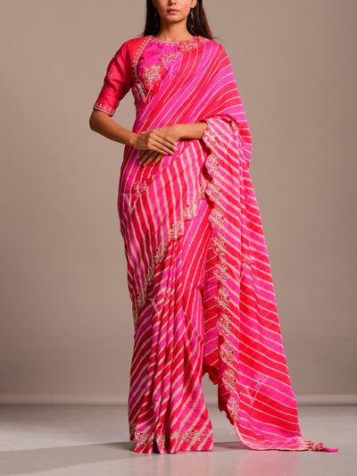 Buy Pink And Coral Silk Leheriya Gota Patti Scalloping Saree Online ...