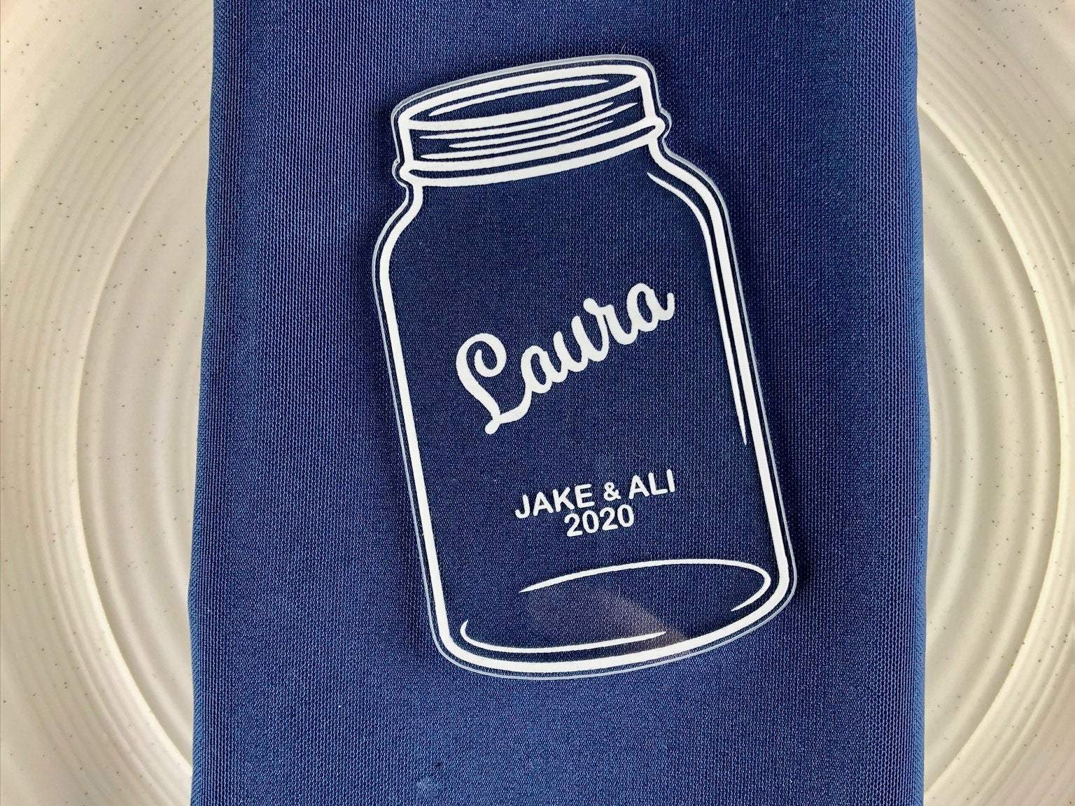 Clear Mason Jar Wedding Place Card | Engraved Rustic Country Western Simple Laser Cut w/ in Wood, Silver, Rose Gold Mirrored Acrylic