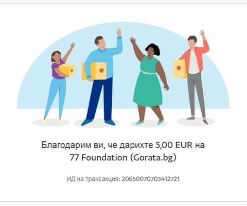 A computer generated image of four people and under them a writing that a donation of 5 euros has been made to the 77 Foundation for planting trees