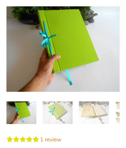 Product review for a green handmade fabric journal. Review made by Lena from Austria.