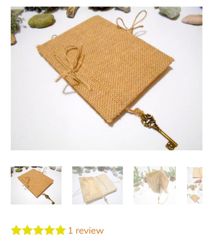 Third review- handmade journal covers with burlap fabrics and coffee-stained card-stock dividers