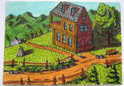 a drawing of a wooden cottage house on a mountain range top with an off road and a lawn 
