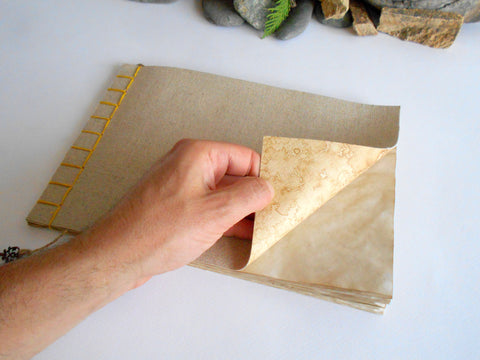 No reviews Collections: Sketchbooks  Sketchbook journal with linen fabric and hemp binding- with coffee-colored pages and soft covers- personalised handmade planner- 100% recycled pages