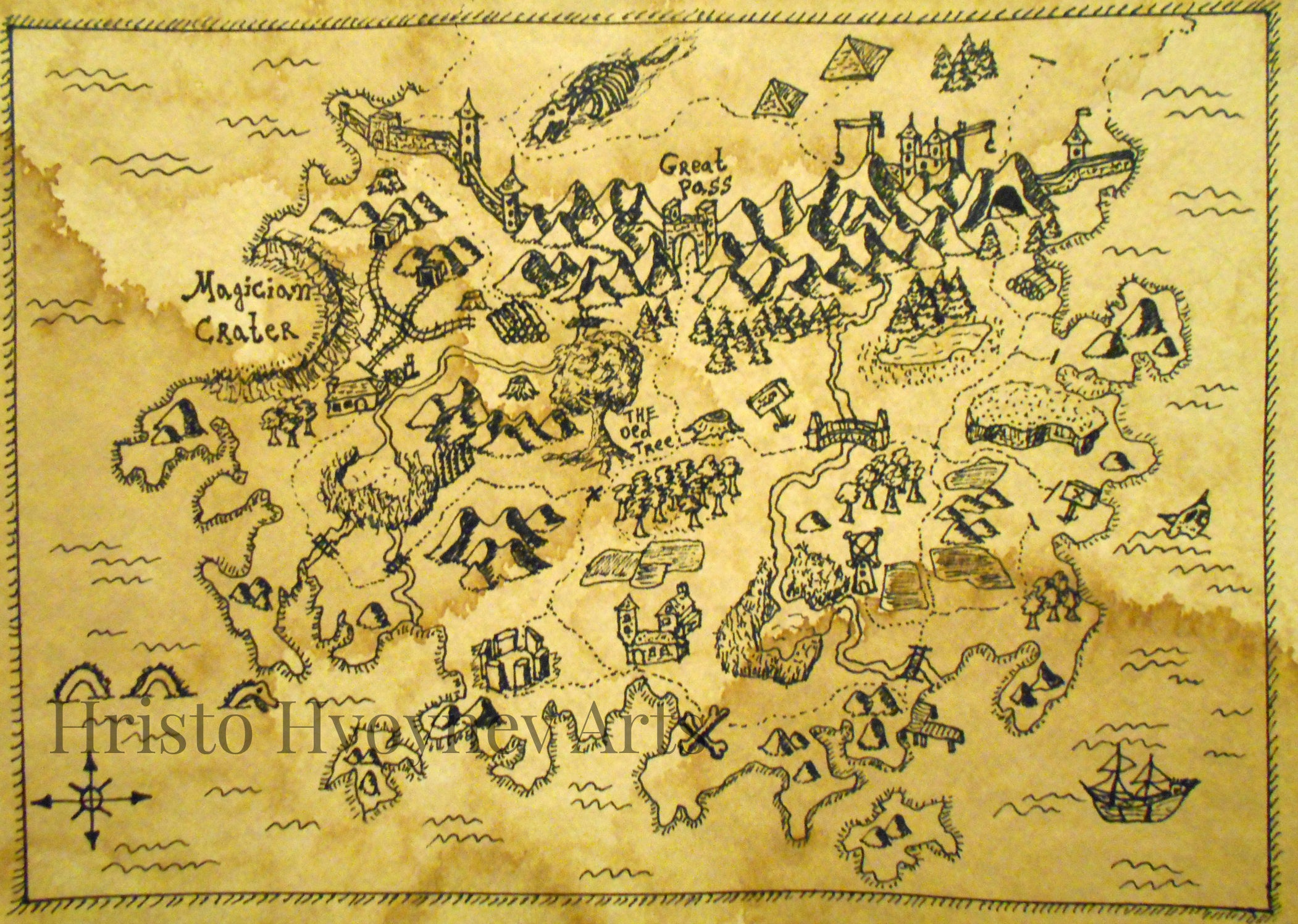 Hand-drawn pirate fantasy map of a part of a continent with forests, mountains, villages and different fortresses