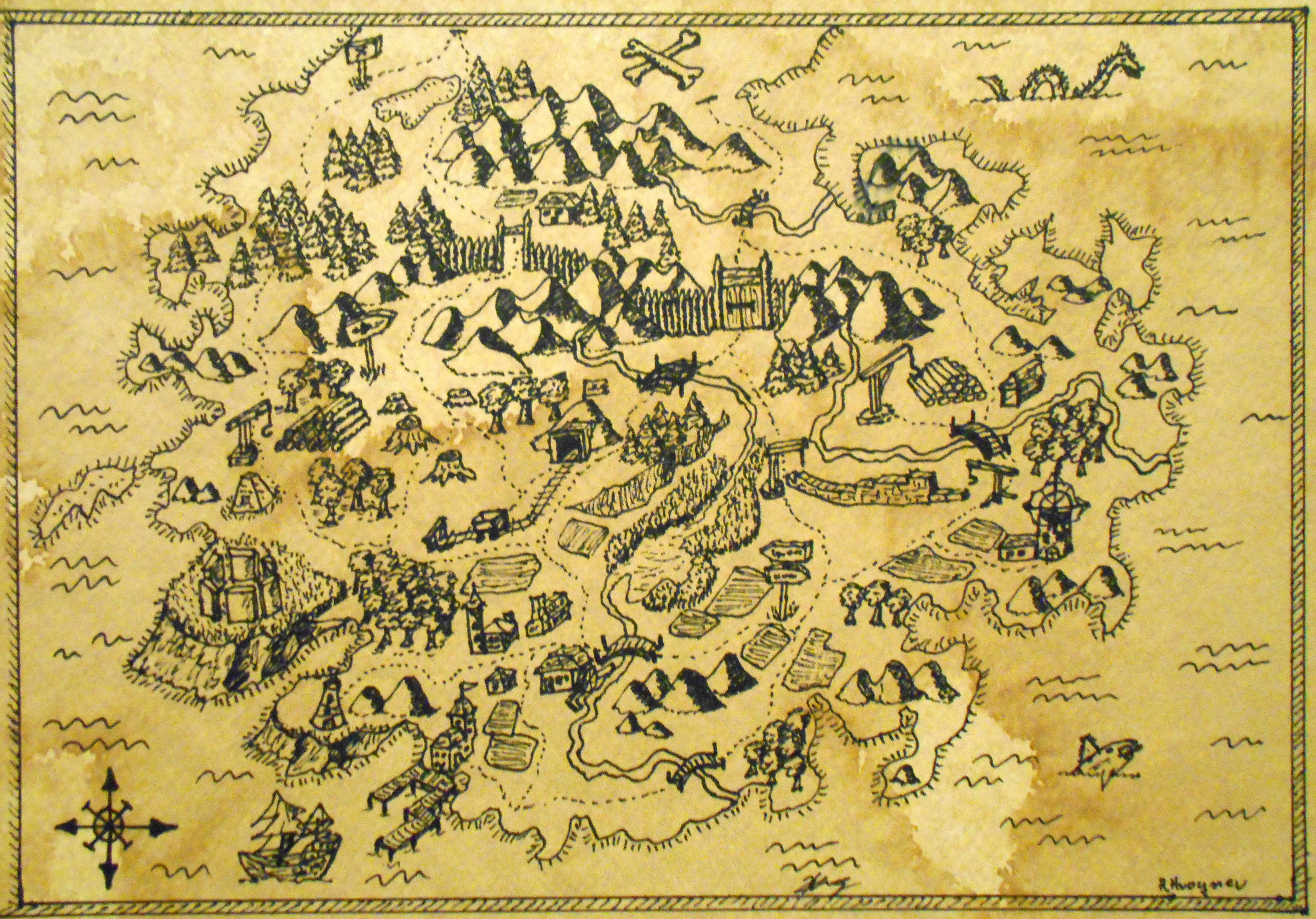 Hand-drawn pirate fantasy map on a brown vintage paper of a part of a continent with forests, mountains, villages and different fortresses