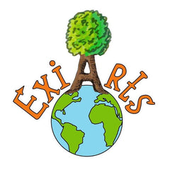 Exiarts logo of a planet with a huge tree on top of it and a writing 'exiarts' where letter 'A' in the exiarts is the very trunk of the tree from the logo.