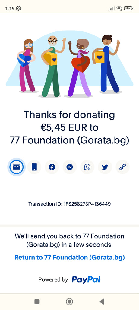 A screenshot of the donation of 5.45 euros for planting trees to the Foundation 77- 5 euros for planting 15vtrees adn 0.45 euros to cover the fees so that the foundation does not pay the fees