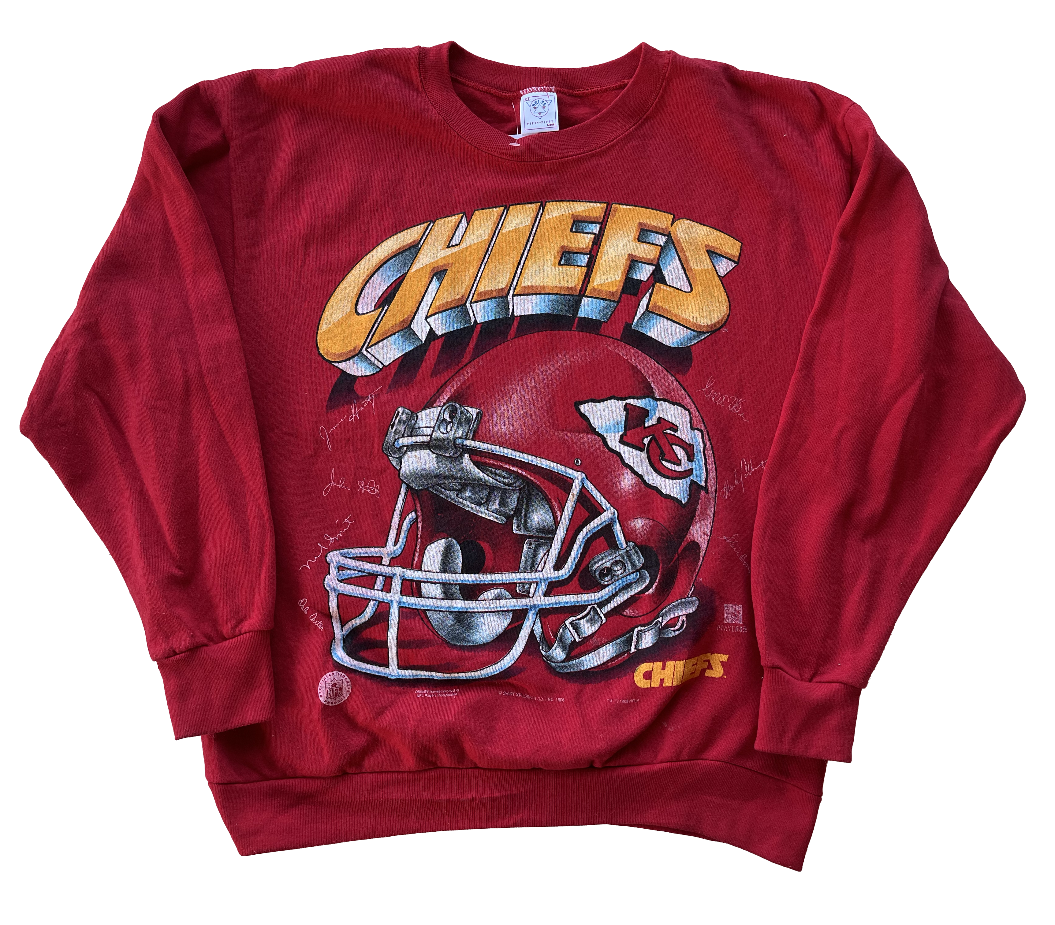 deadmansupplyco Vintage Football Shape - Kansas City Chiefs (White Chiefs Wordmark) Crewneck Sweatshirt