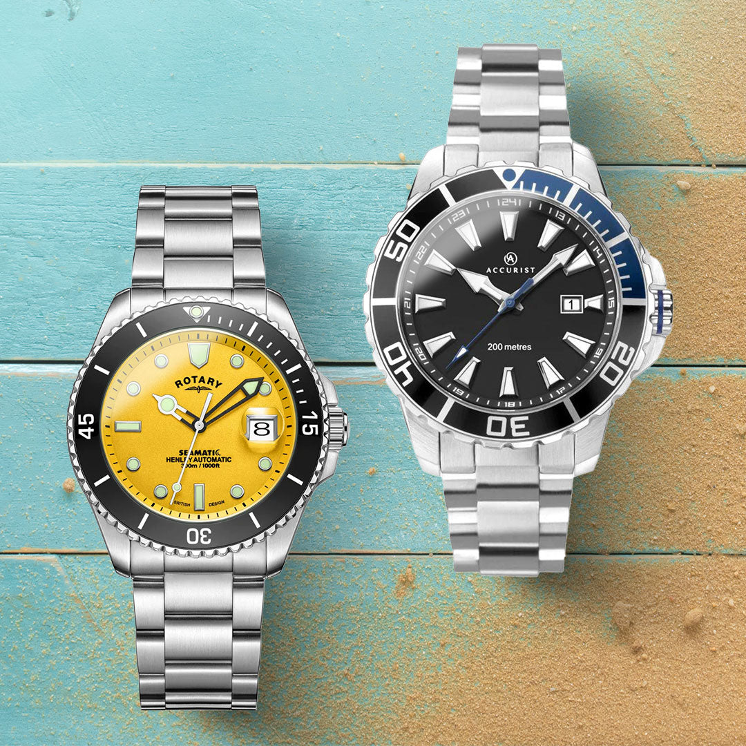 Left: Rotary Seamatic Men's Yellow Watch  - £201.00. Right: Accurist Mens Black Signature Divers Watch - £129.99