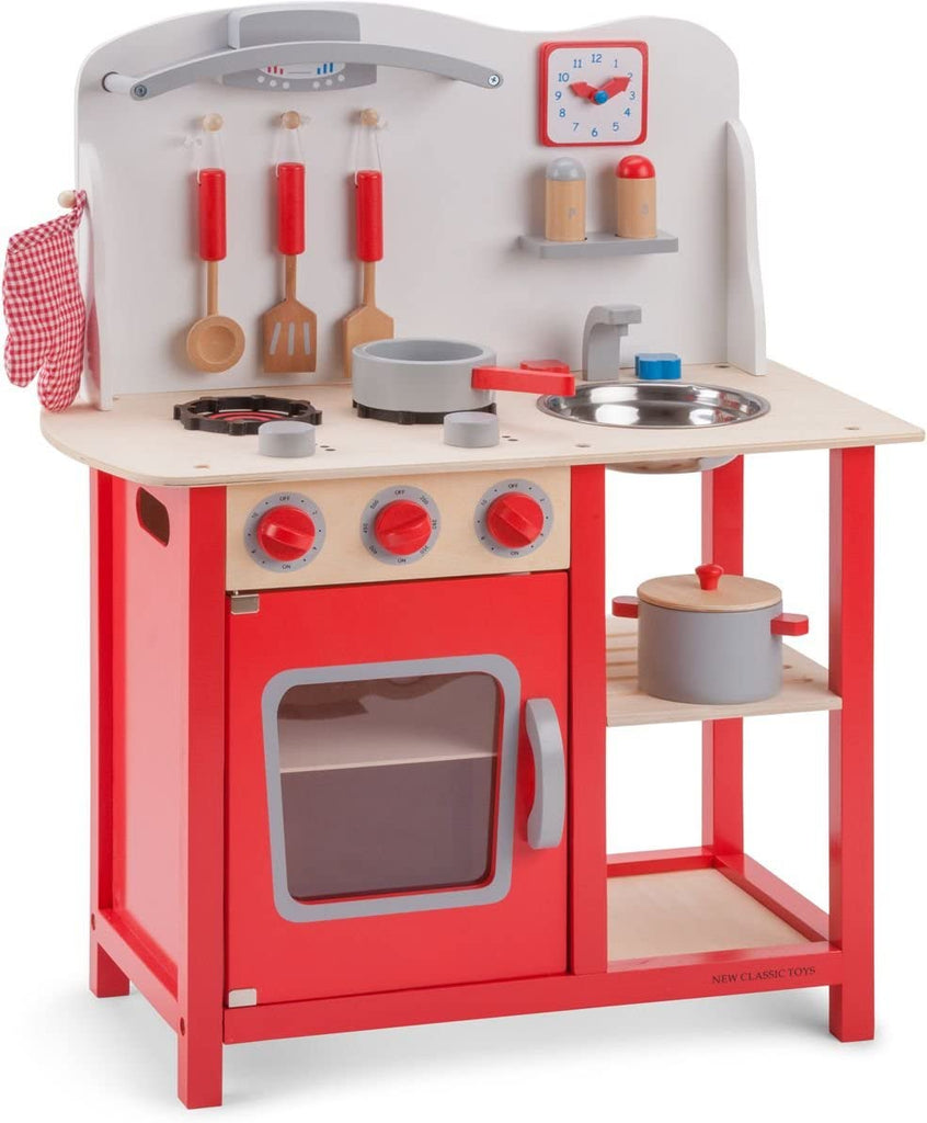red wooden play kitchen