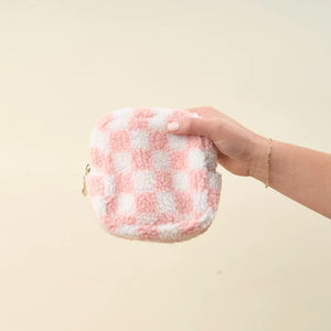 Blush Checkered Teddy Pouch - So Chic Boutique 