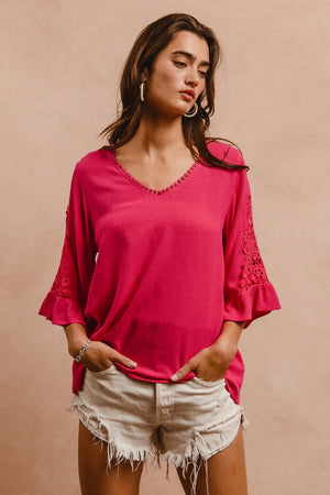 Fuchsia 3/4 Lace Trim Sleeve - So Chic Boutique 