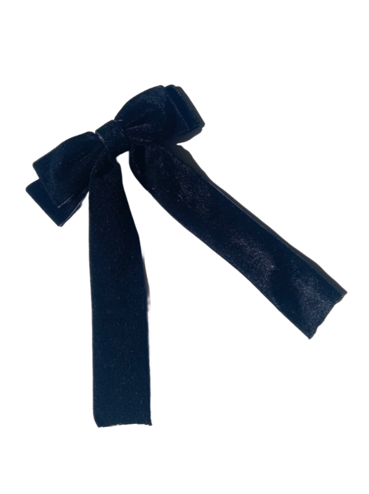 yourfinaltouch Frayed Velvet Long Tail Bow barrette-left Side / Navy