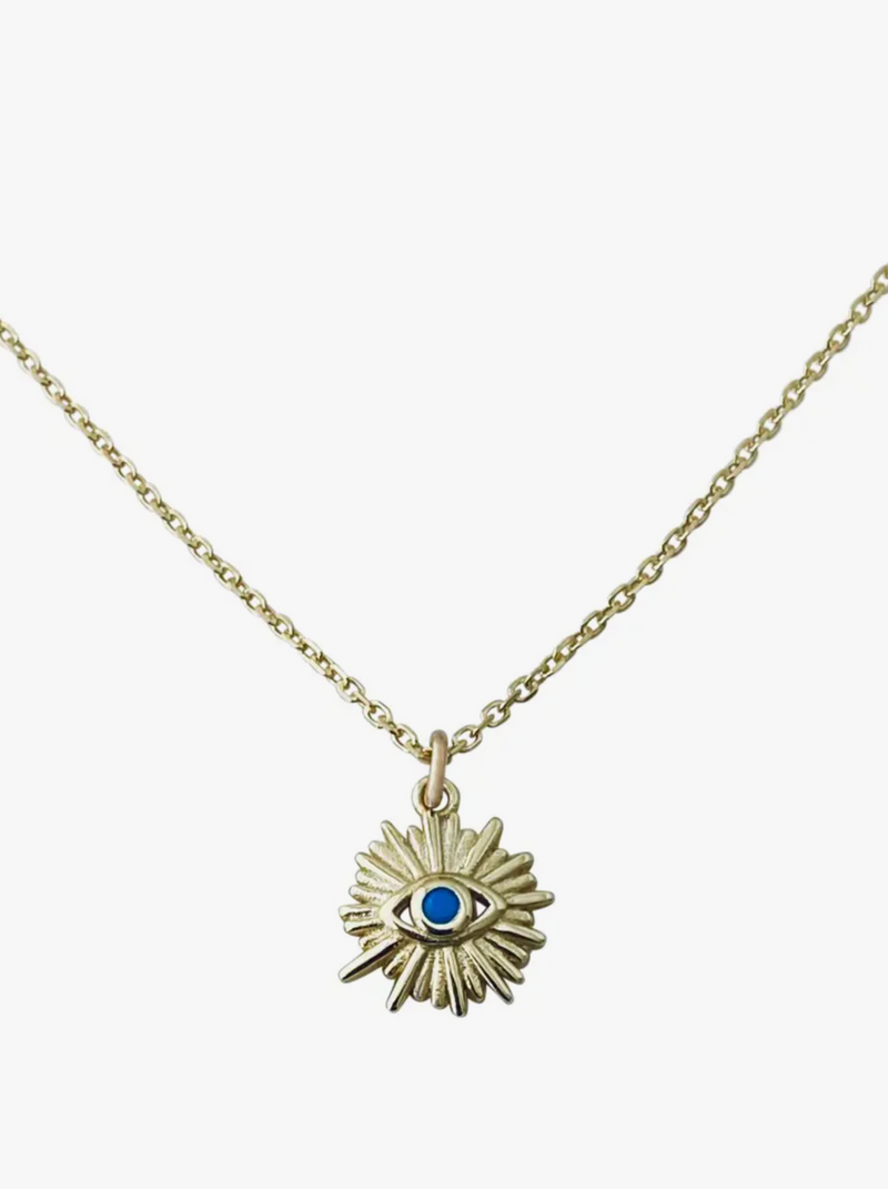Turquoise Evil Eye Necklace  Gold plated sterling silver necklace with turquoise cubic zirconia, 16” long.