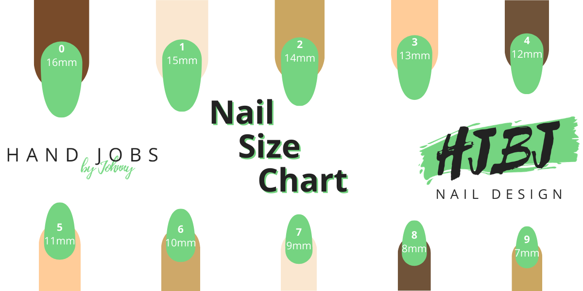 Nail Size Chart: 0, 16MM; 1, 15MM; 2, 14MM; 3, 13MM; 4, 12MM; 5, 11MM; 6, 10MM; 7, 9MM; 8, 8MM; 9, 7MM