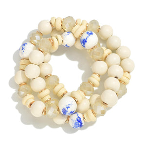 Wood Beaded Stretch Bracelet with Porcelain Beads