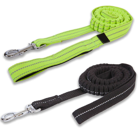 shock absorbing dog leash lead with reflective detailing. available in hi vis or black. both have a strong clasp for safety and a padded handle for comfort.