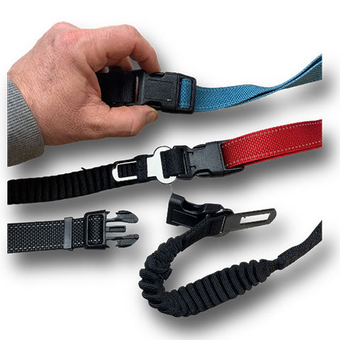 Dog lead containing car seat belt adaptor clip
