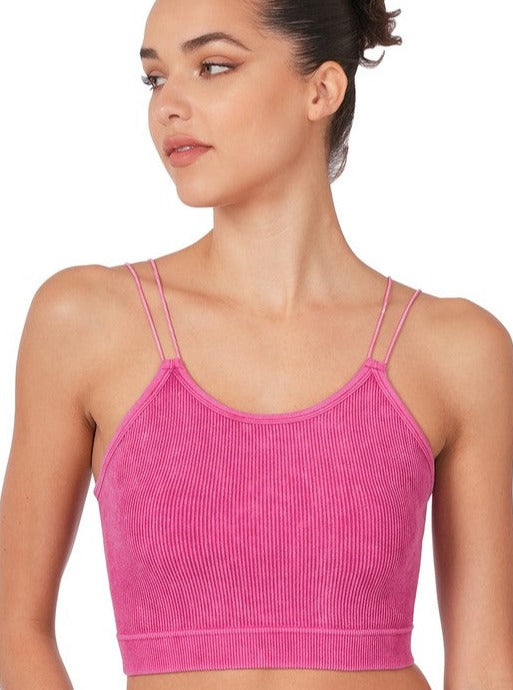 Ribbed Knit Seamless Double Spaghetti Strap Cropped Cami Tank Top (Ash  Rose, LXL)