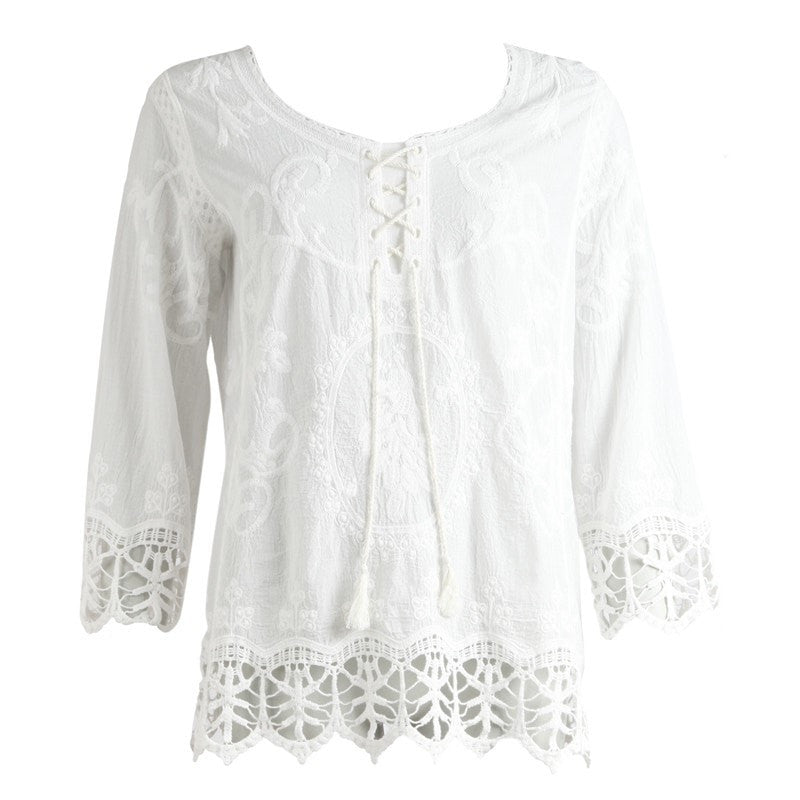 White 3/4 Sleeve Top With Lace Trim | The Hippy Clothing Co.