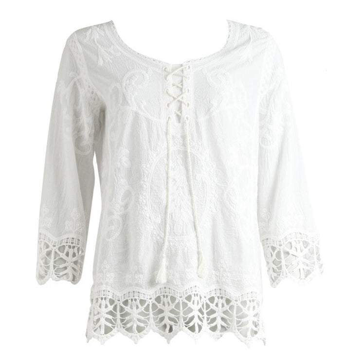 White 3/4 Sleeve Top With Lace Trim – The Hippy Clothing Co.