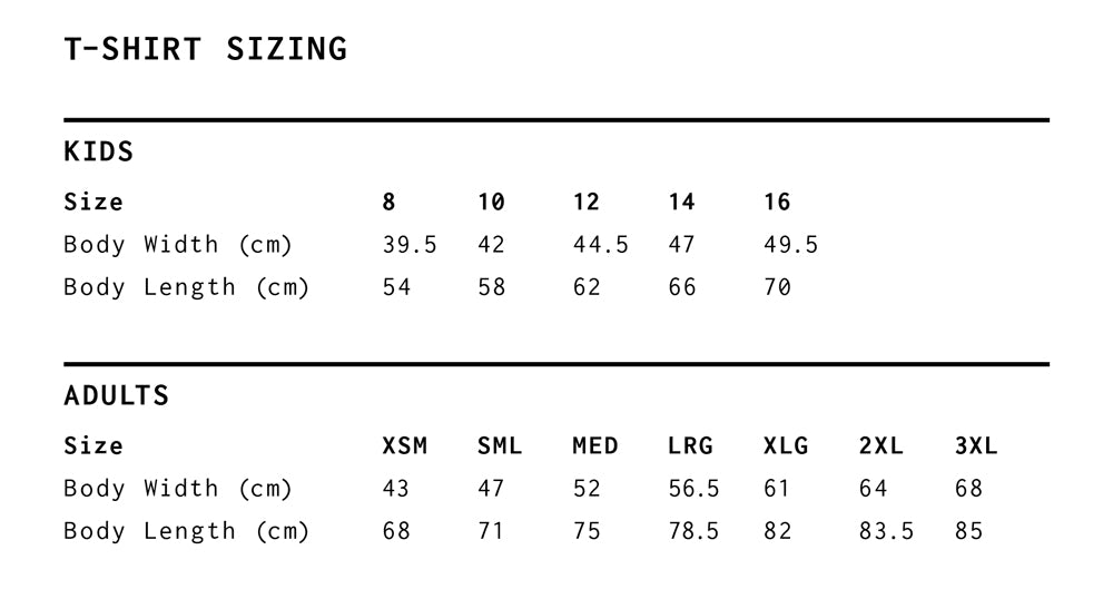 Daily Grind T-Shirts Size Guide