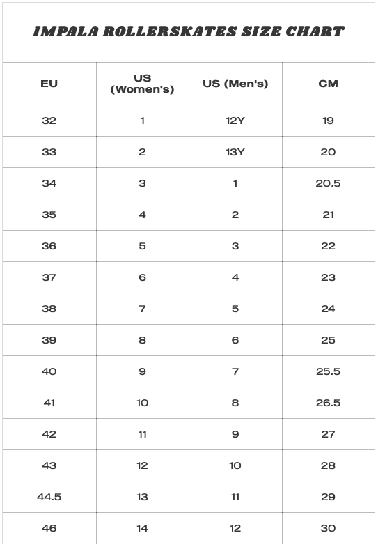 Impala RollerSkates Size Guide