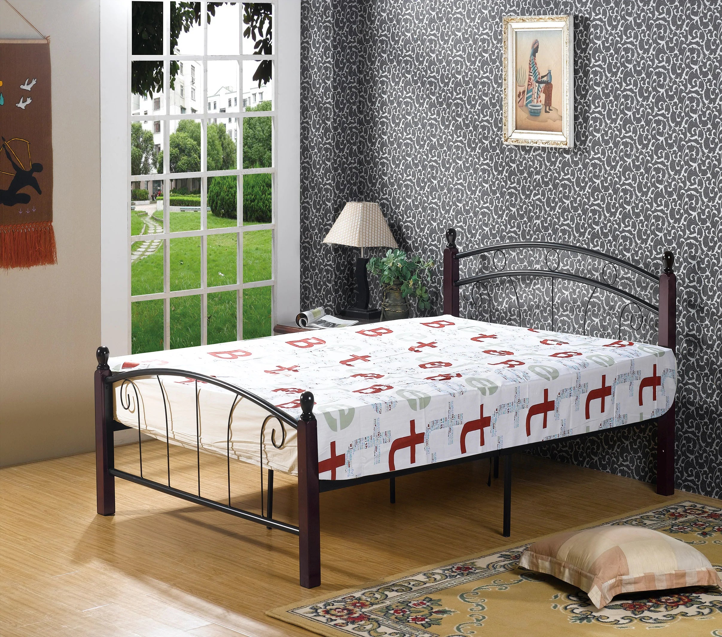 Full Bed Black Metal Frame Wood Posts