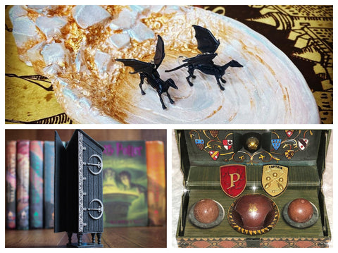 thestral earrings, vanishing cabinet minature, prefect gryffindor badge, quidditch captain badge