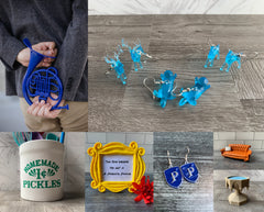 New products including blue french horn, friends pickle jar, friends photo frame, prefect badge earrings, harry potter patronus earrings, friends sofa, pensieve minature. 