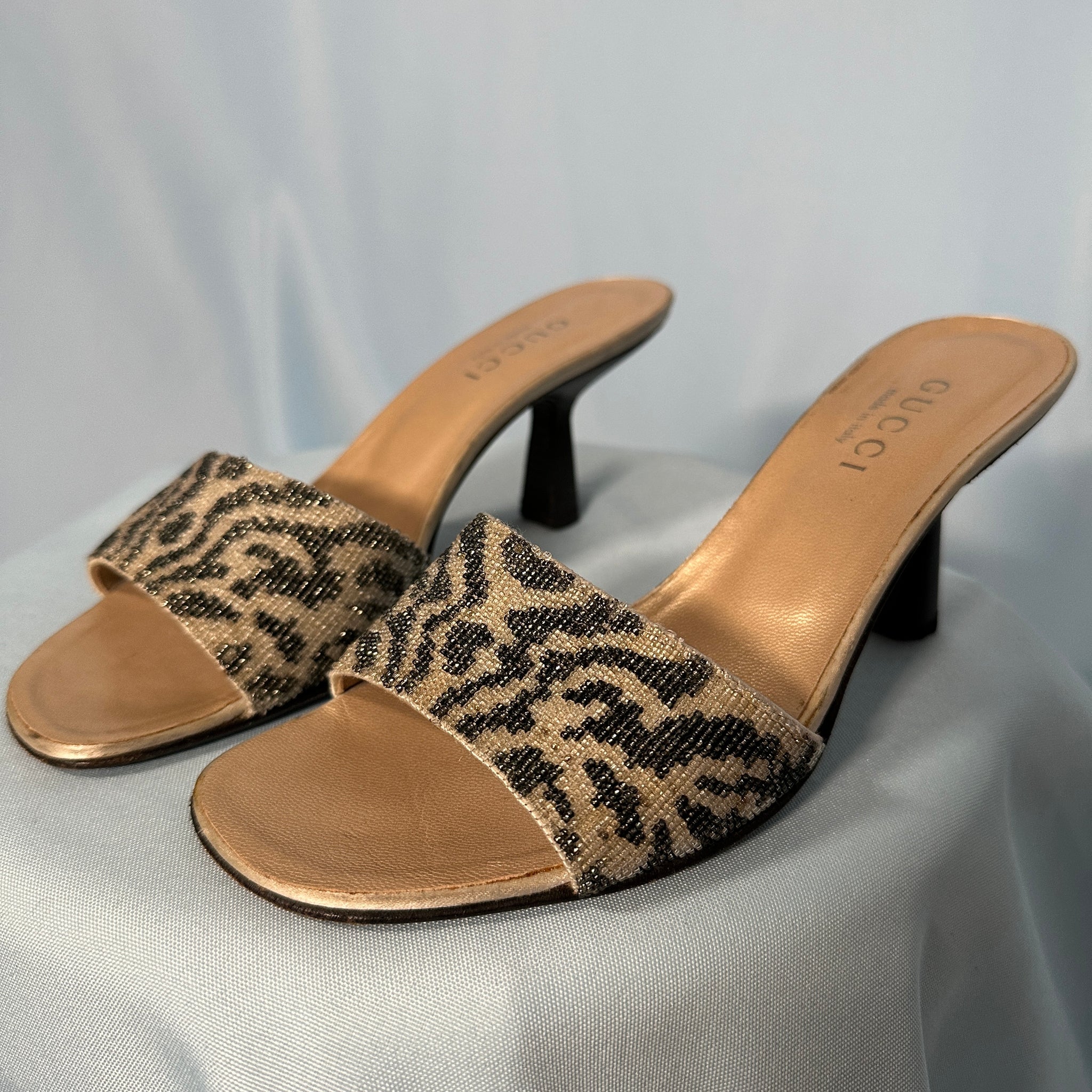 Gucci by Tom Ford S/S '00 Beaded Animal Print Heels Mules – Studded Petals  Vintage