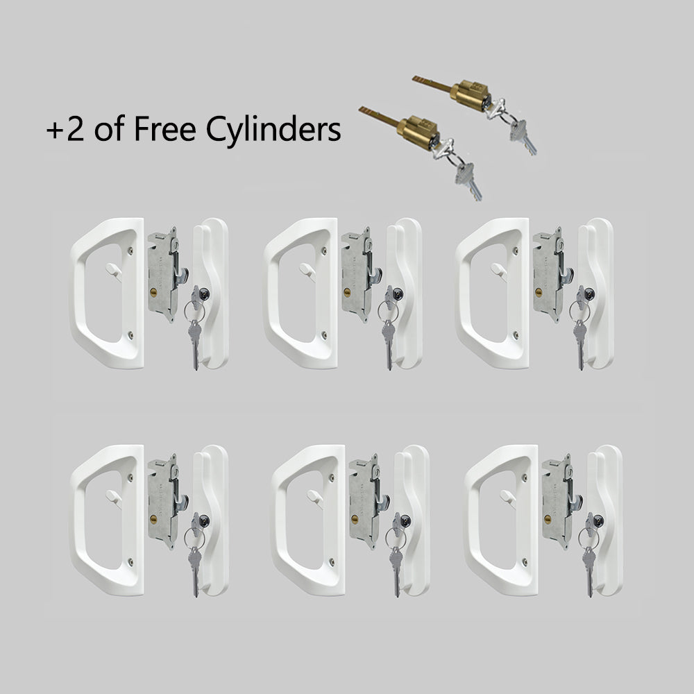 EASILOK A10 Sliding Patio Door Lock(with cylinder), Keyed Alike 6 Packs + 2 of Free Cylinders, Matte White
