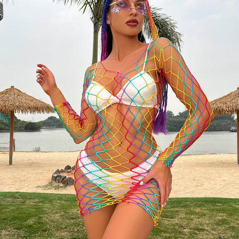Rainbow Fishnet Beach Cover Up Night Dress Transparent Midi Dress