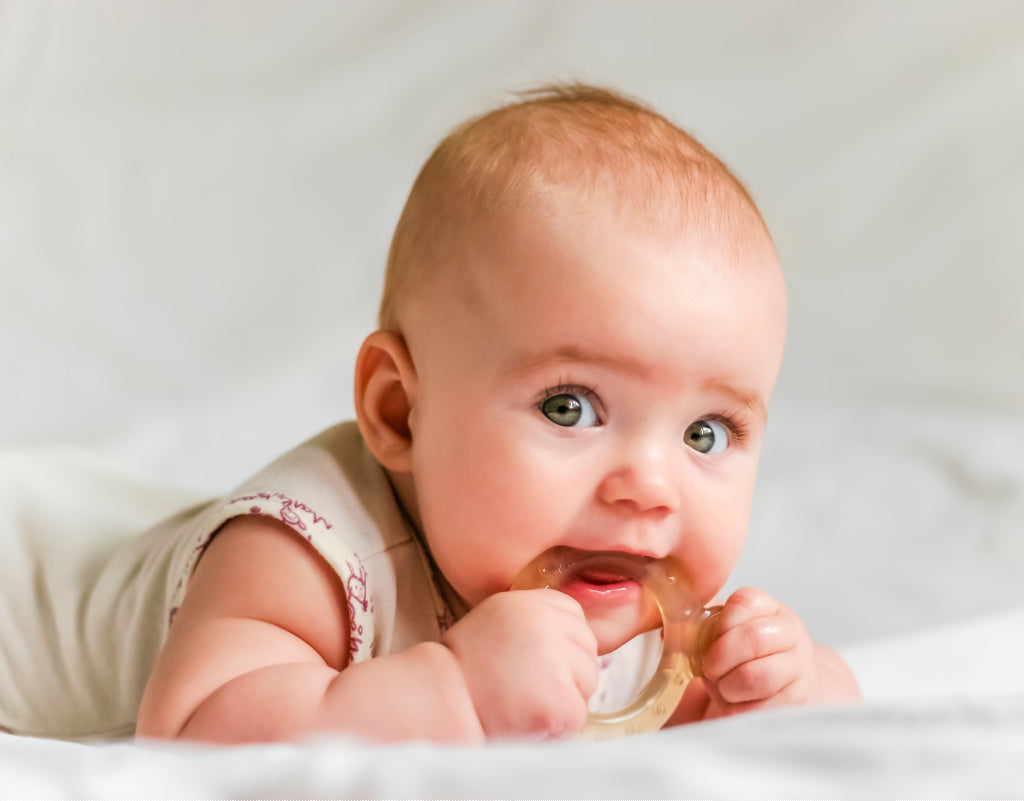 Teething baby chewing on toy