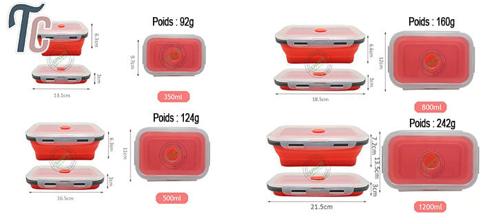 Dimensions des 4 tailles de lunch box compactable pliante en vente sur Tendances-cuisine.fr