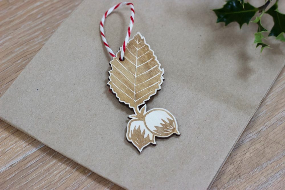 Laser cut hazlenut christmas decoration