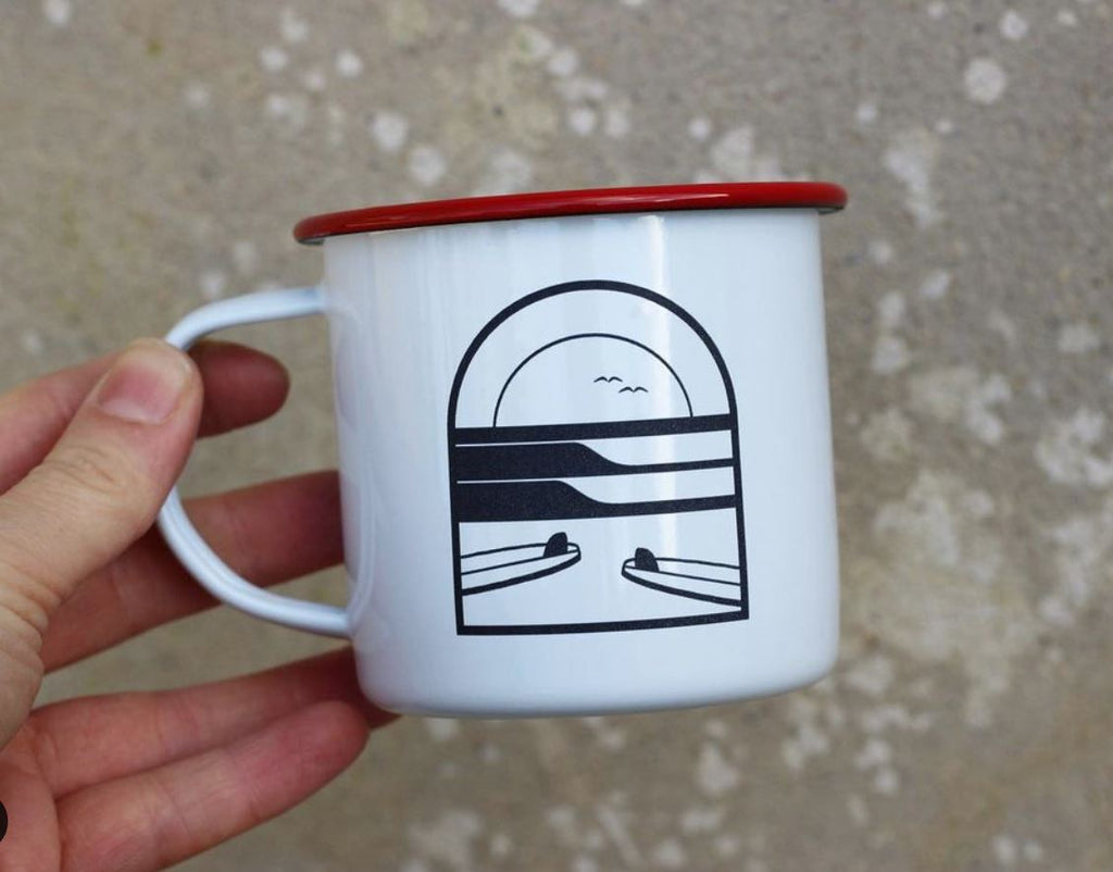 Single Fin Company red rim enamel mug