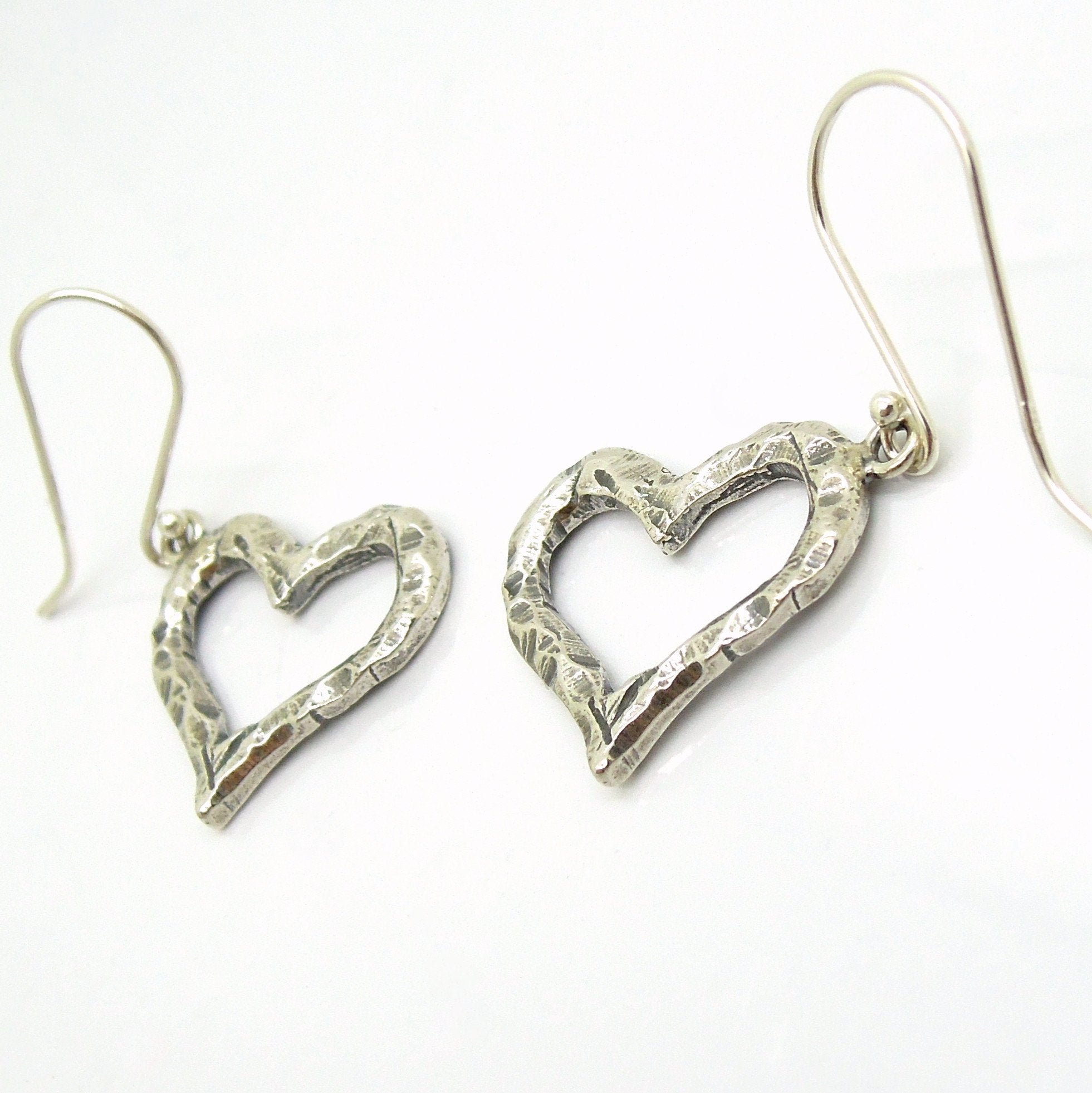 Heart earrings, Dangle, Hammered silver – Hadas Jewelry - Roman glass ...