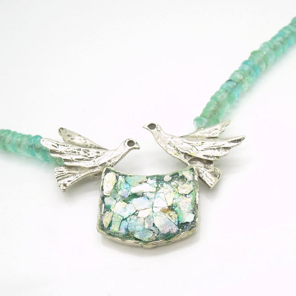 Dove necklace with 2 silver doves and roman glass – Hadas Jewelry ...