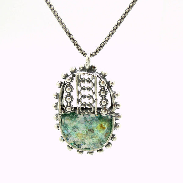 Oval silver pendant necklace with sterling metalwork and roman glass ...