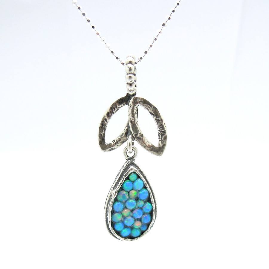 Sterling silver drop & leaf shaped pendant with mosaic opal stones ...