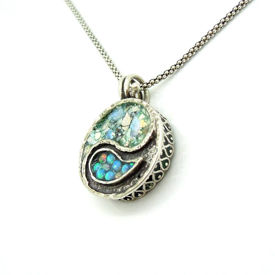 Yin yang necklace silver sterling pendant with mosaic opal & roman gla ...