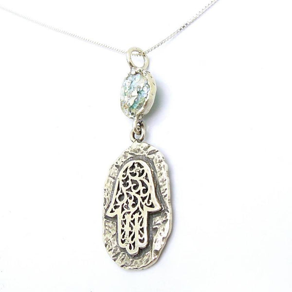 Roman Glass and Silver Hamsa Necklace – Hadas Jewelry - Roman glass jewelry