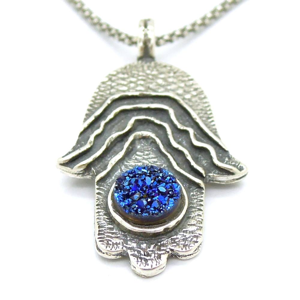 Silver Hamsa hand pendant with a blue druzy agate – Hadas Jewelry ...