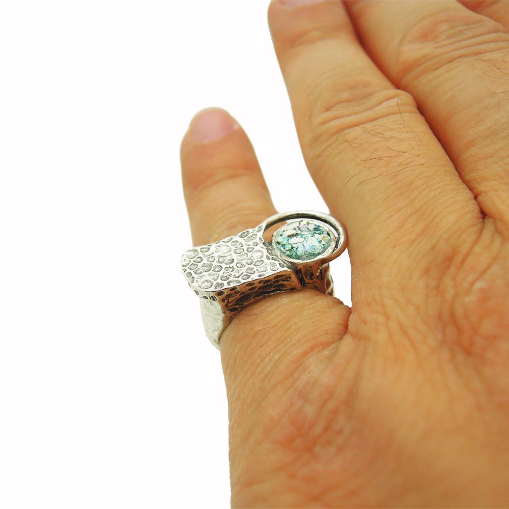  Unique  silver  ring  for men  women with roman glass 