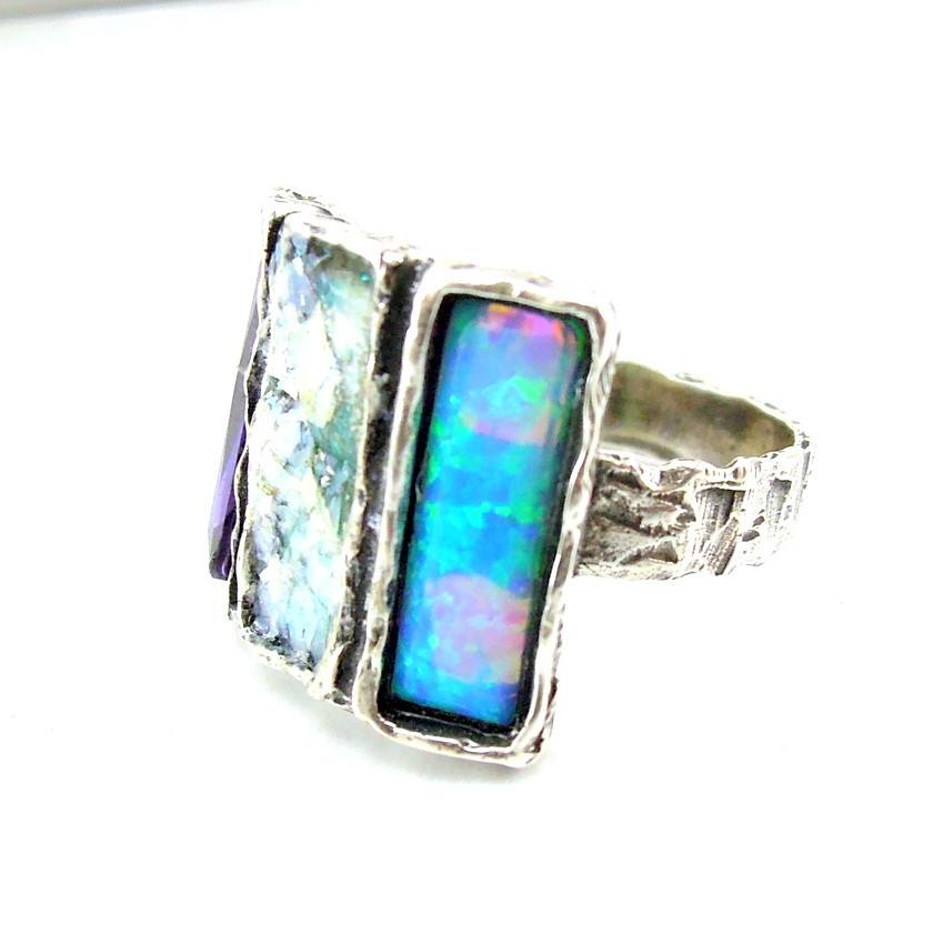 sterling silver ring with 3 Rectangle gemstone and antique roman glass ...