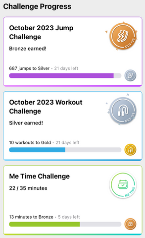 Challenge progress after a workout with badges achieved