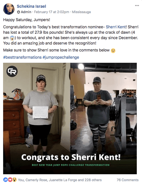 Facebook announcement post about Sherri's jump rope transformation success