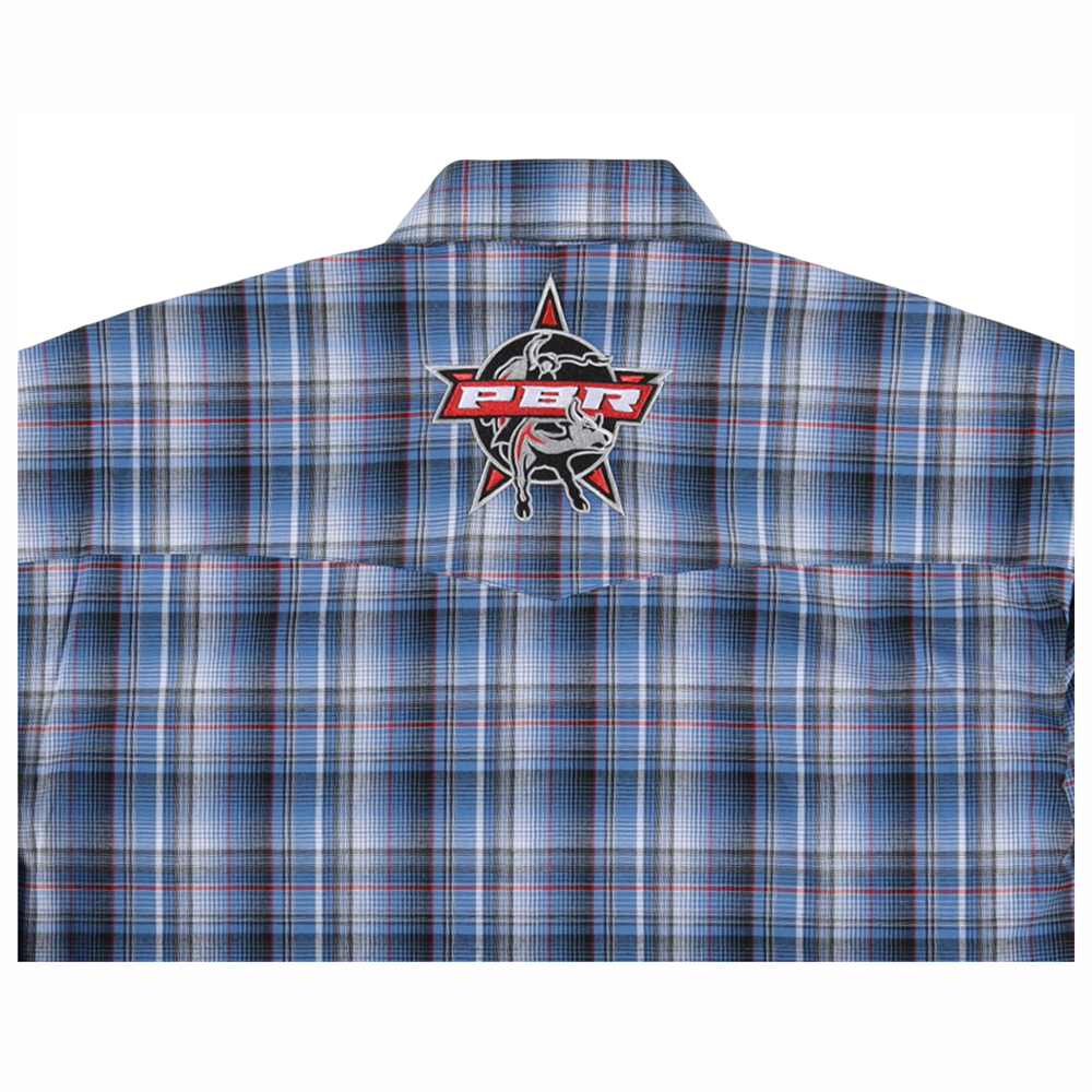 112324696 Wrangler Men's PBR Logo Long Sleeve Western Shirt - Blue Pla |  The Wire Horse